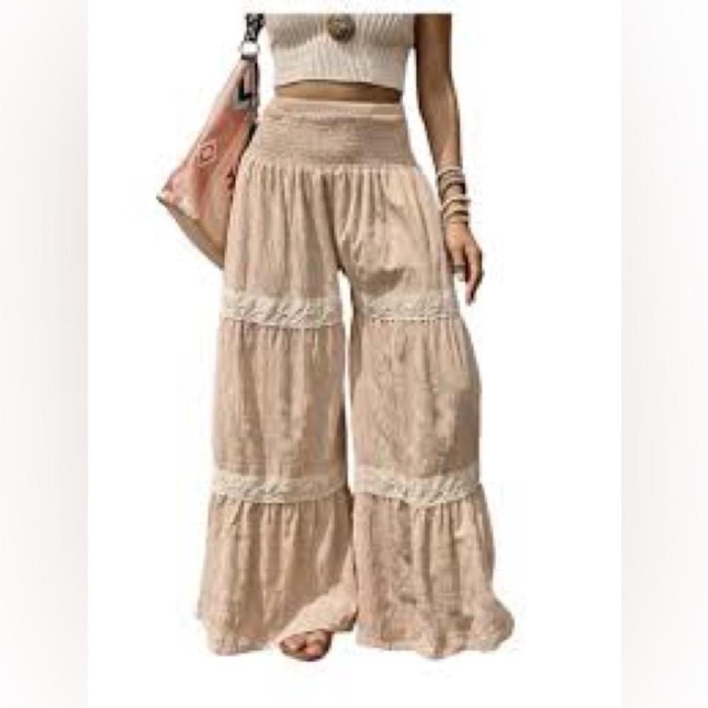 Boho Chic Crochet Lace Tiered Wide Leg Textured Palazzo Pants Coastal Cowgirl L - Picture 8 of 8